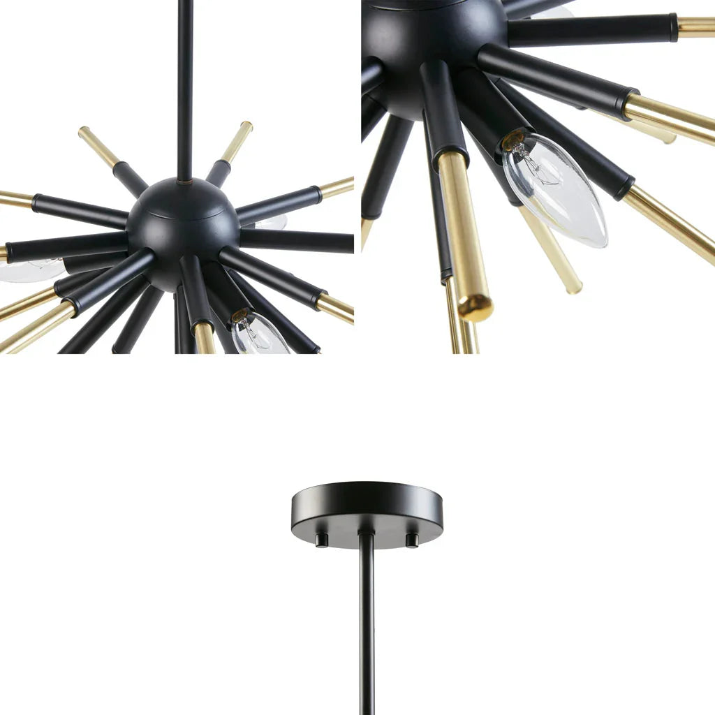 3-Light Spiked Geometric Chandelier | Matte Black & Gold Modern Ceiling Light — Semi-Flush or Hanging, Adjustable Height to 53"