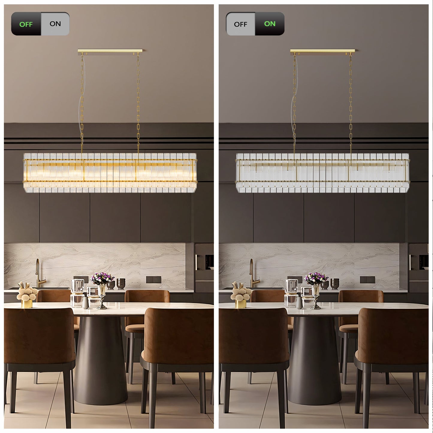 Chandelier Crystal Glass 10-Light Gold Modern Rectangular Pendant Dining