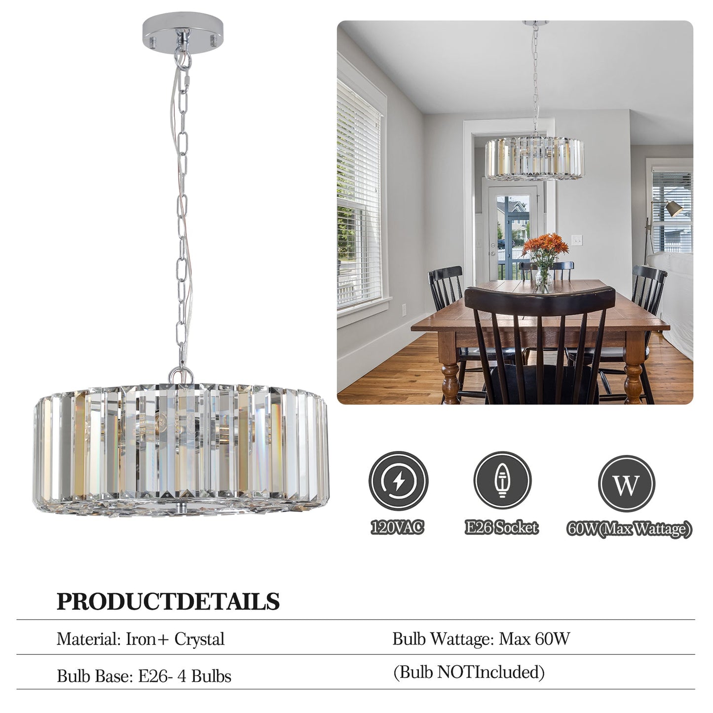 17" Chrome Crystal Pendant Chandelier