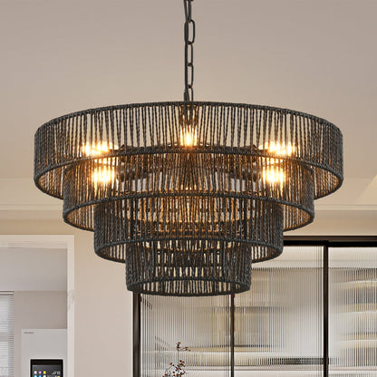 Rustic Hemp Rope Chandelier | 4/5-Tier Boho Pendant Light with E12 Sockets for Dining Room, Kitchen & Foyer