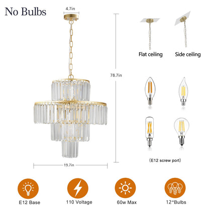 (Same as W1340126461/L5023) 20' Luxury 4-Tier Crystal Chandelier, 12-Light Gold Frame Pendant Light, Elegant Ceiling Lighting for Living Room, Dining Room, Bedroom (No Bulbs)