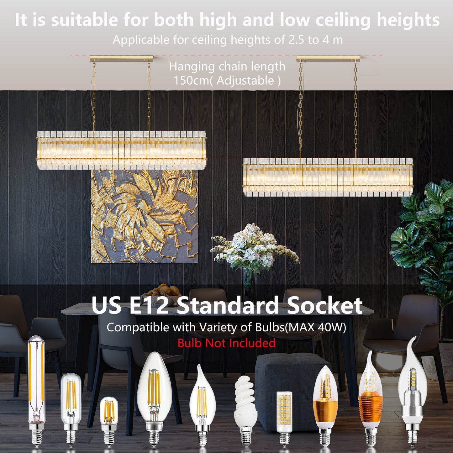 Modern Rectangular Crystal Glass 10-Light Chandelier