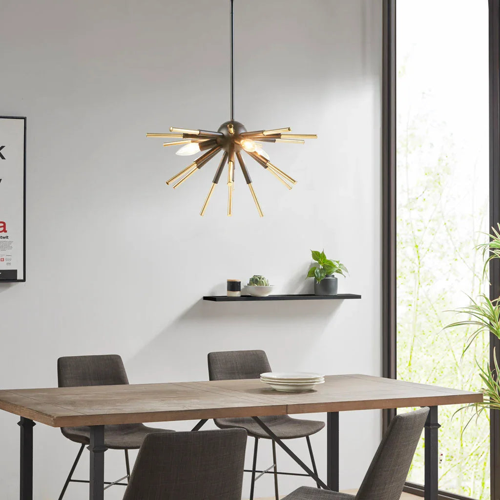 3-Light Spiked Geometric Chandelier | Matte Black & Gold Modern Ceiling Light — Semi-Flush or Hanging, Adjustable Height to 53"