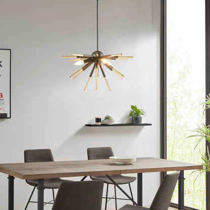 3-Light Spiked Geometric Chandelier | Matte Black & Gold Modern Ceiling Light — Semi-Flush or Hanging, Adjustable Height to 53"
