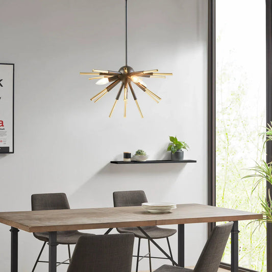 3-Light Spiked Geometric Chandelier | Matte Black & Gold Modern Ceiling Light — Semi-Flush or Hanging, Adjustable Height to 53"