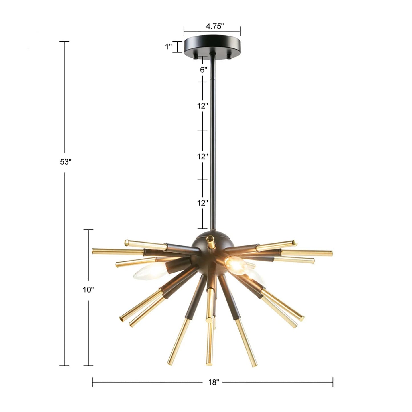 3-Light Spiked Geometric Chandelier | Matte Black & Gold Modern Ceiling Light — Semi-Flush or Hanging, Adjustable Height to 53"