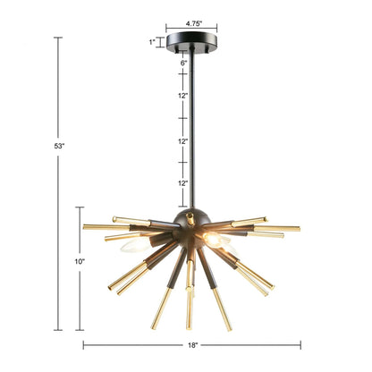 3-Light Spiked Geometric Chandelier | Matte Black & Gold Modern Ceiling Light — Semi-Flush or Hanging, Adjustable Height to 53"