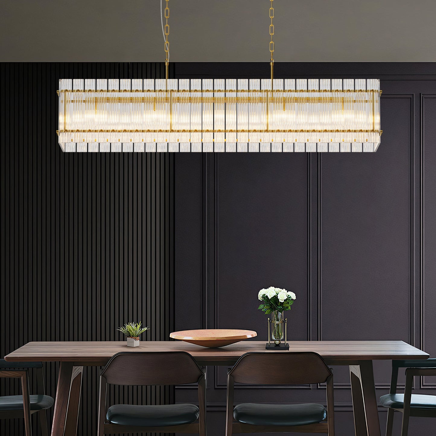 Chandelier Crystal Glass 10-Light Gold Modern Rectangular Pendant Dining