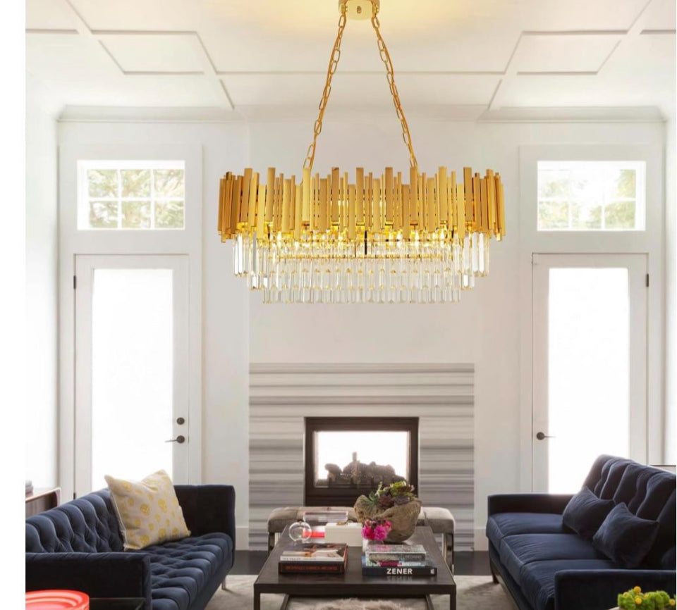 AOOCOW Modern Crystal Chandelier Luxury Gold Chandelier Lights Contemporary Oval Crystal Kitchen Island Chandelier Large Raindrop Pendant Light Fixture