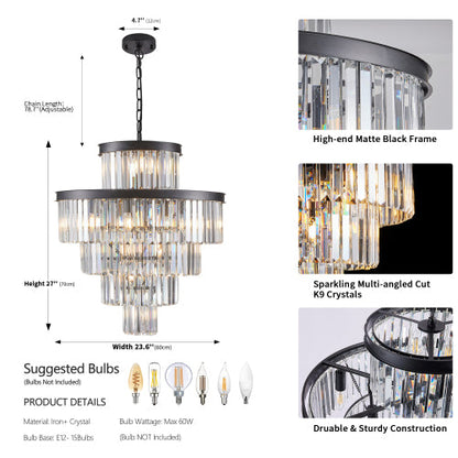 23.6" 5-Tier K9 Crystal Chandelier | 15-Light Luxury Pendant with Gold or Black Frame — Dining Room, Living Room & Foyer