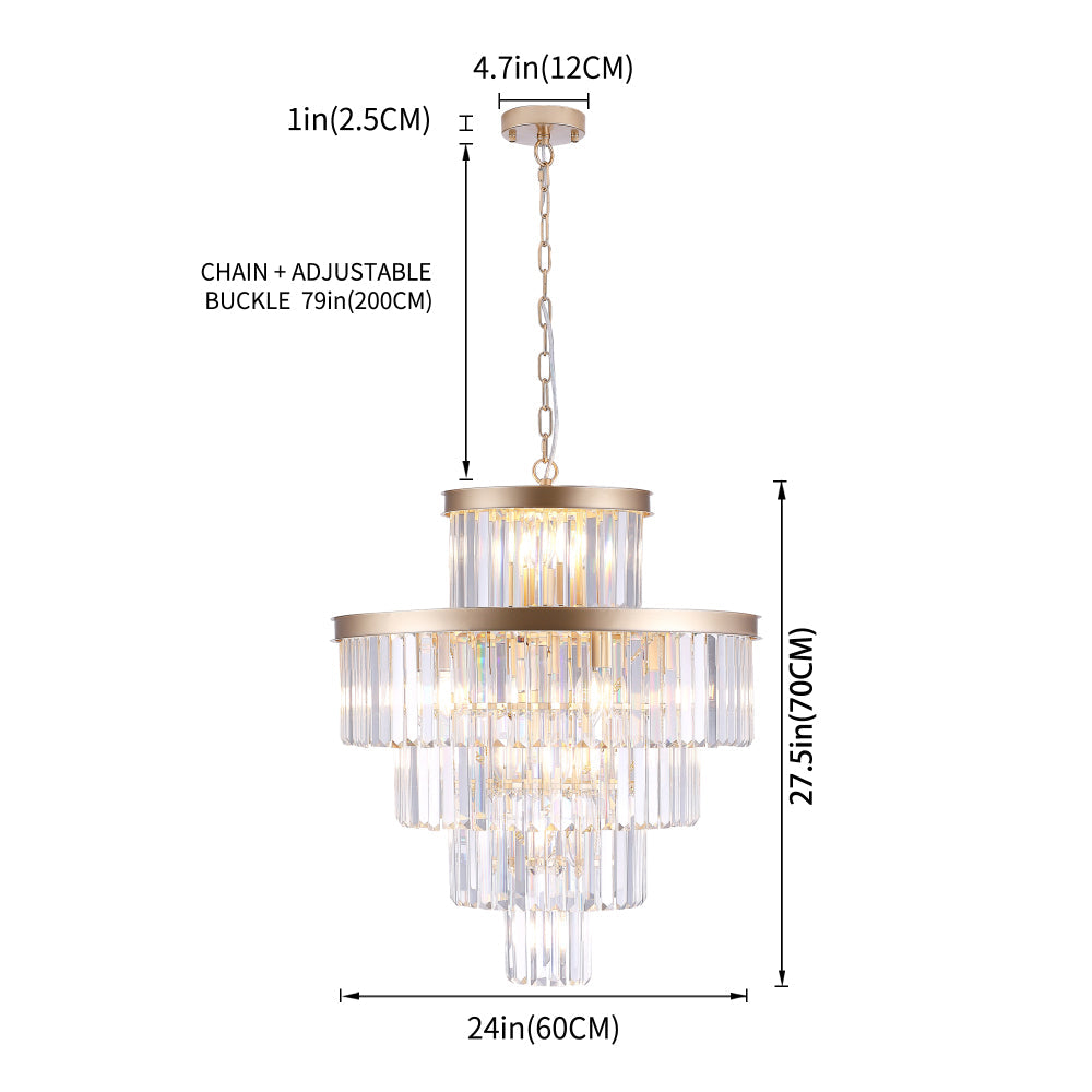 23.6" 5-Tier K9 Crystal Chandelier | 15-Light Luxury Pendant with Gold or Black Frame — Dining Room, Living Room & Foyer