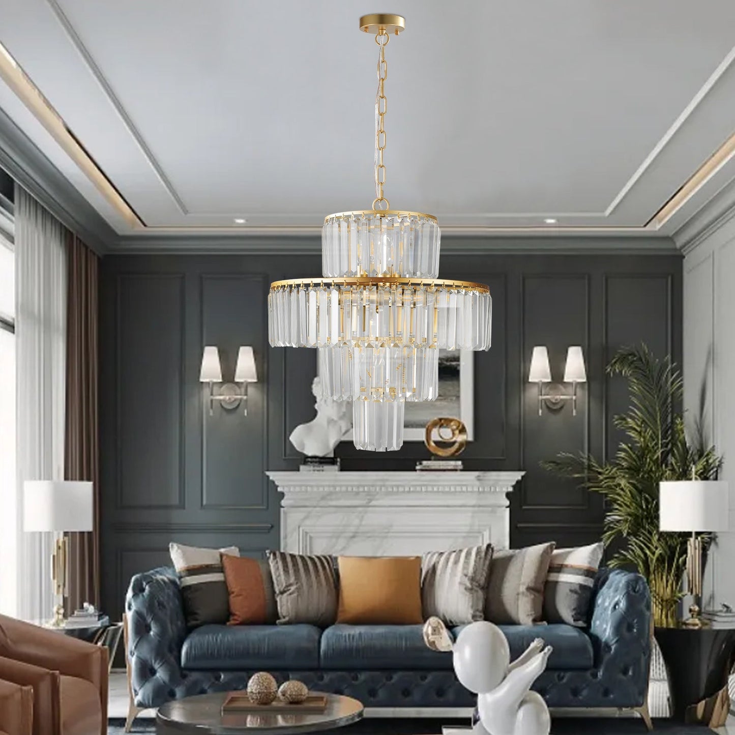 (Same as W1340126461/L5023) 20' Luxury 4-Tier Crystal Chandelier, 12-Light Gold Frame Pendant Light, Elegant Ceiling Lighting for Living Room, Dining Room, Bedroom (No Bulbs)