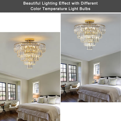 Gold Crystal Chandeliers,5-Tier Round Semi Flush Mount Chandelier Light Fixture,Large Contemporary Luxury Ceiling Lighting