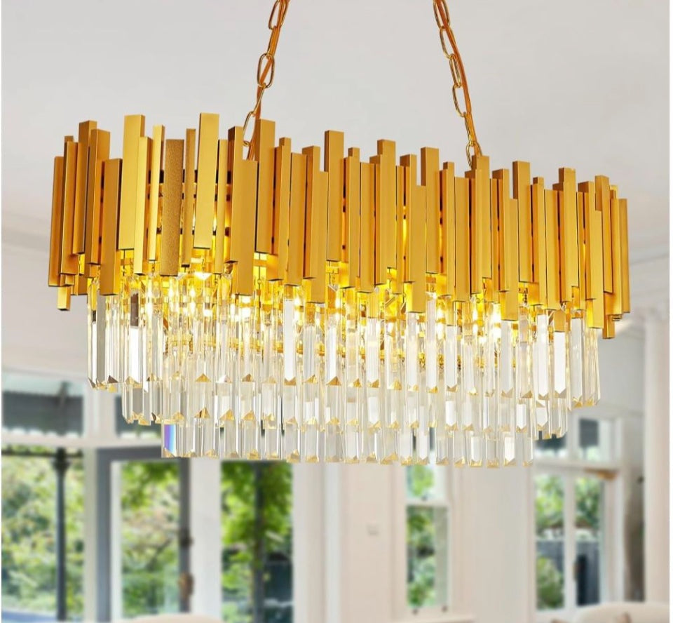 AOOCOW Modern Crystal Chandelier Luxury Gold Chandelier Lights Contemporary Oval Crystal Kitchen Island Chandelier Large Raindrop Pendant Light Fixture