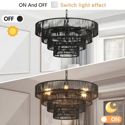 Rustic Hemp Rope Chandelier | 4/5-Tier Boho Pendant Light with E12 Sockets for Dining Room, Kitchen & Foyer