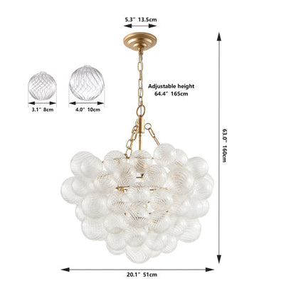 20" Gold Pendant Chandelier with Threaded Clear Glass Globe | 3-Light Adjustable Height Ceiling Light — Living Room, Dining Room & Kitchen