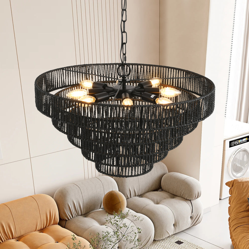 Rustic Hemp Rope Chandelier | 4/5-Tier Boho Pendant Light with E12 Sockets for Dining Room, Kitchen & Foyer