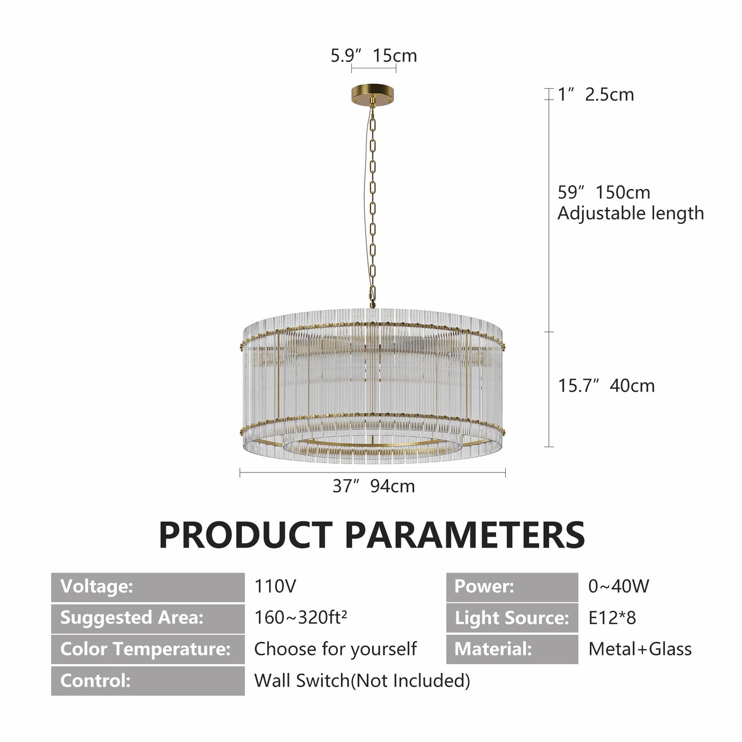 37" Modern Gold Round 8-Light Crystal Chandelier
