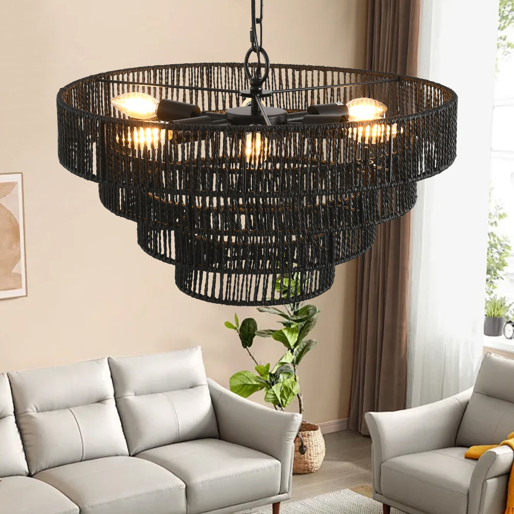 Rustic Hemp Rope Chandelier | 4/5-Tier Boho Pendant Light with E12 Sockets for Dining Room, Kitchen & Foyer