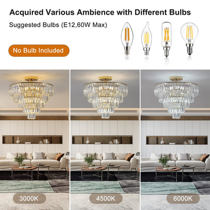 Gold Crystal Chandeliers,5-Tier Round Semi Flush Mount Chandelier Light Fixture,Large Contemporary Luxury Ceiling Lighting