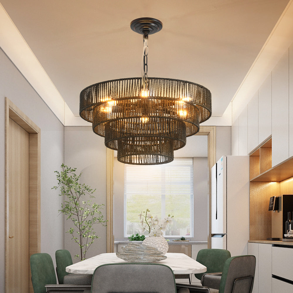 Rustic Hemp Rope Chandelier | 4/5-Tier Boho Pendant Light with E12 Sockets for Dining Room, Kitchen & Foyer