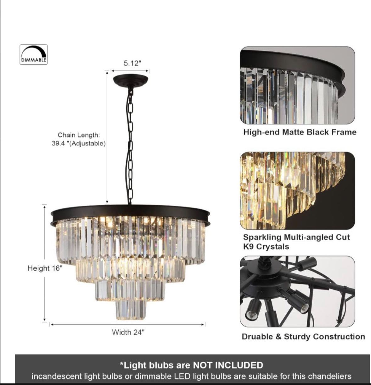 A AXILIXI Modern Crystal Chandeliers 24" Round Top K9 Crystals Chandelier Adjustable Ceiling Light Fixture 4-Tier K9 Crystal Pendant Lamp 12-Light for