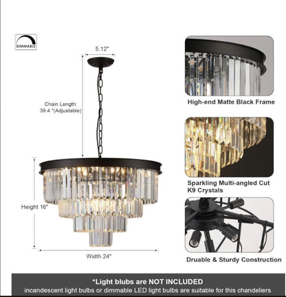 A AXILIXI Modern Crystal Chandeliers 24" Round Top K9 Crystals Chandelier Adjustable Ceiling Light Fixture 4-Tier K9 Crystal Pendant Lamp 12-Light for