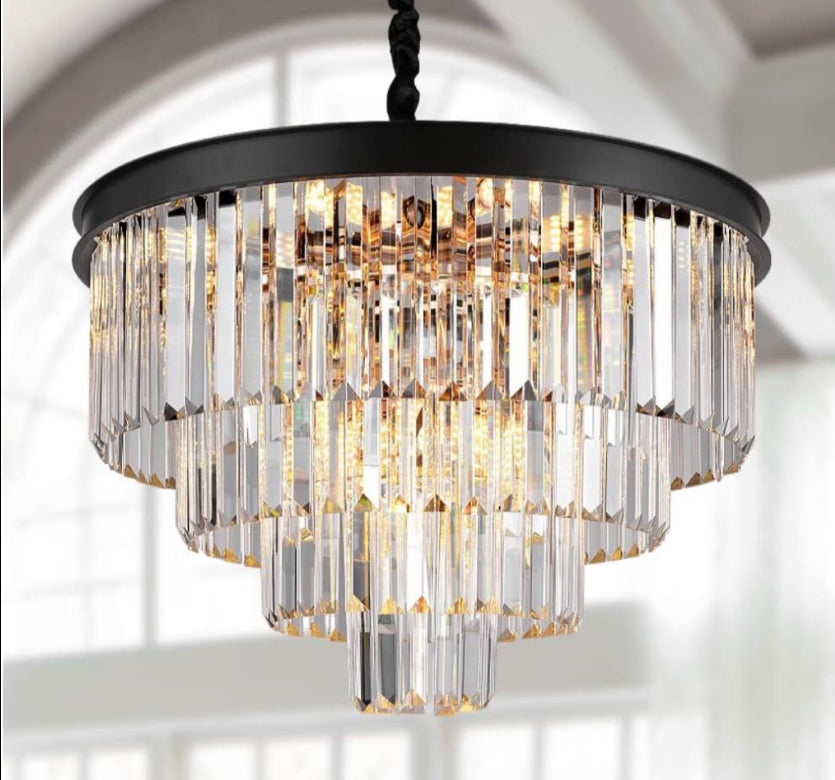 A AXILIXI Modern Crystal Chandeliers 24" Round Top K9 Crystals Chandelier Adjustable Ceiling Light Fixture 4-Tier K9 Crystal Pendant Lamp 12-Light for