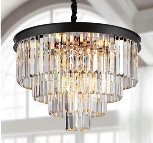 A AXILIXI Modern Crystal Chandeliers 24" Round Top K9 Crystals Chandelier Adjustable Ceiling Light Fixture 4-Tier K9 Crystal Pendant Lamp 12-Light for