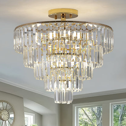 Gold Crystal Chandeliers,5-Tier Round Semi Flush Mount Chandelier Light Fixture,Large Contemporary Luxury Ceiling Lighting