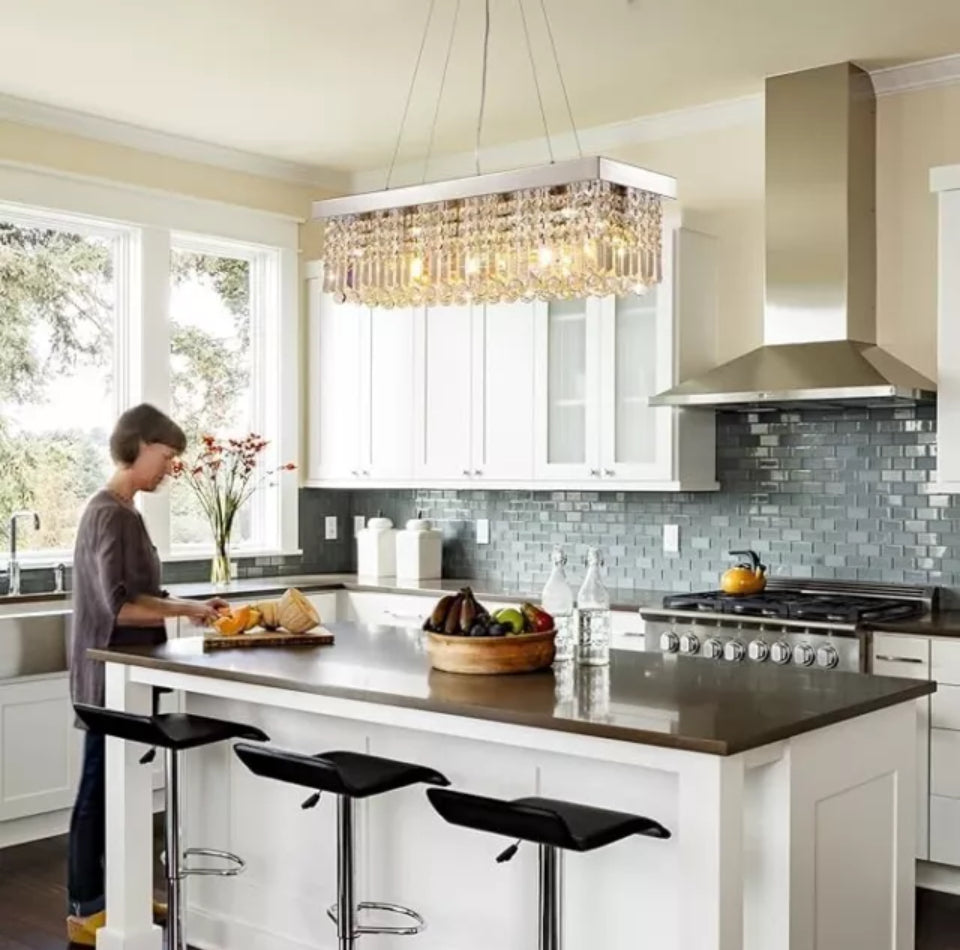 Open Box 7PM Rectangle K9 Crystal Chandelier Modern Rectangular Pendant Light Fixture for Dining Room Kitchen Island Chrome L31.5 x W10 x H10