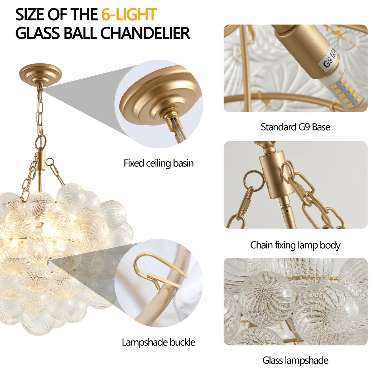 20" Gold Pendant Chandelier with Threaded Clear Glass Globe | 3-Light Adjustable Height Ceiling Light — Living Room, Dining Room & Kitchen