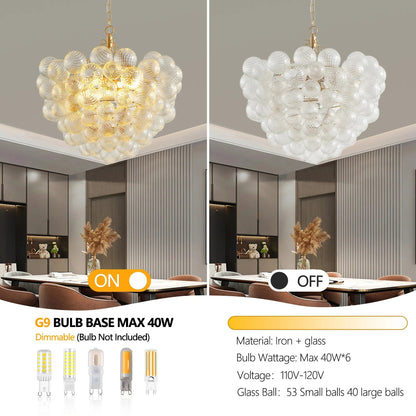 20" Gold Pendant Chandelier with Threaded Clear Glass Globe | 3-Light Adjustable Height Ceiling Light — Living Room, Dining Room & Kitchen