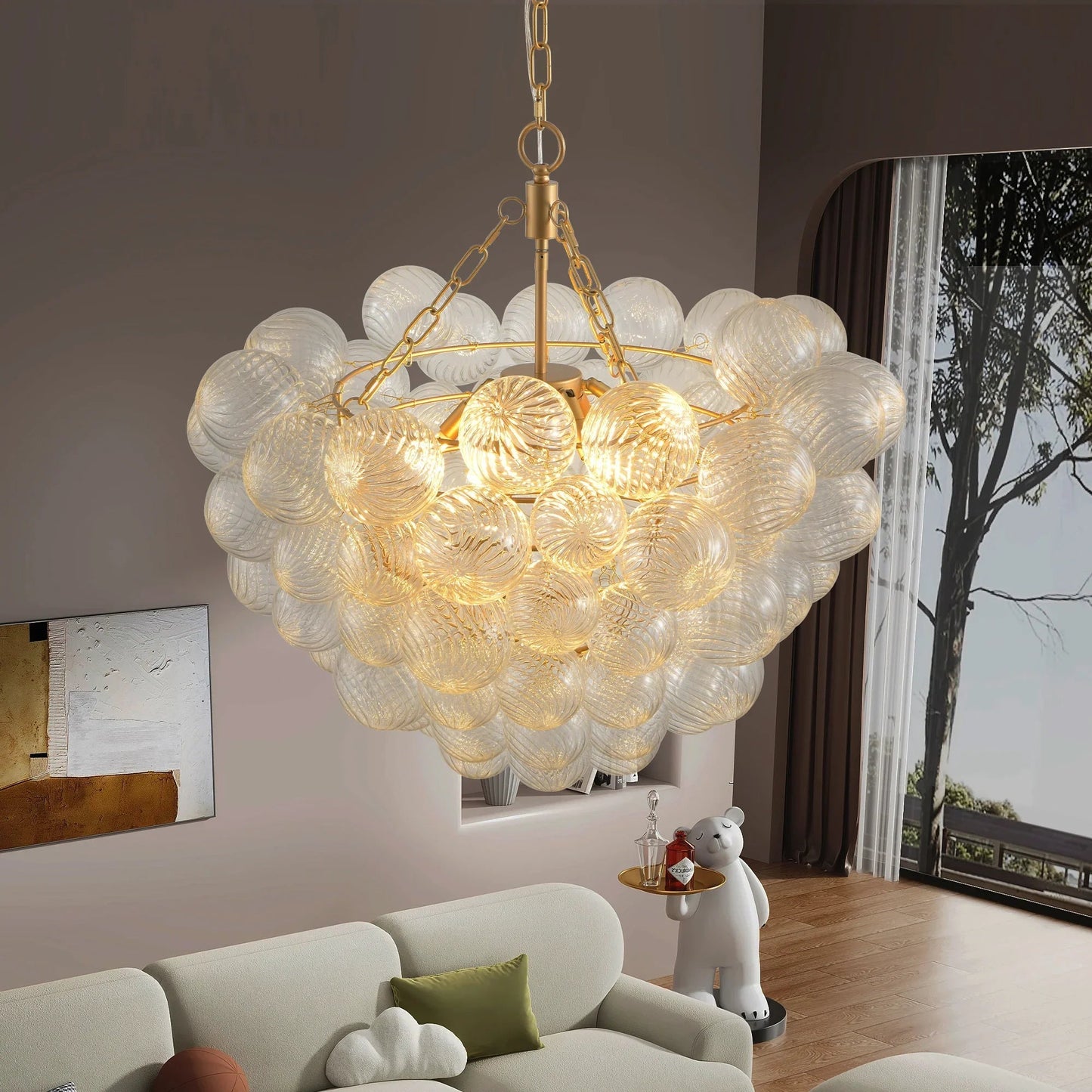 20" Gold Pendant Chandelier with Threaded Clear Glass Globe | 3-Light Adjustable Height Ceiling Light — Living Room, Dining Room & Kitchen
