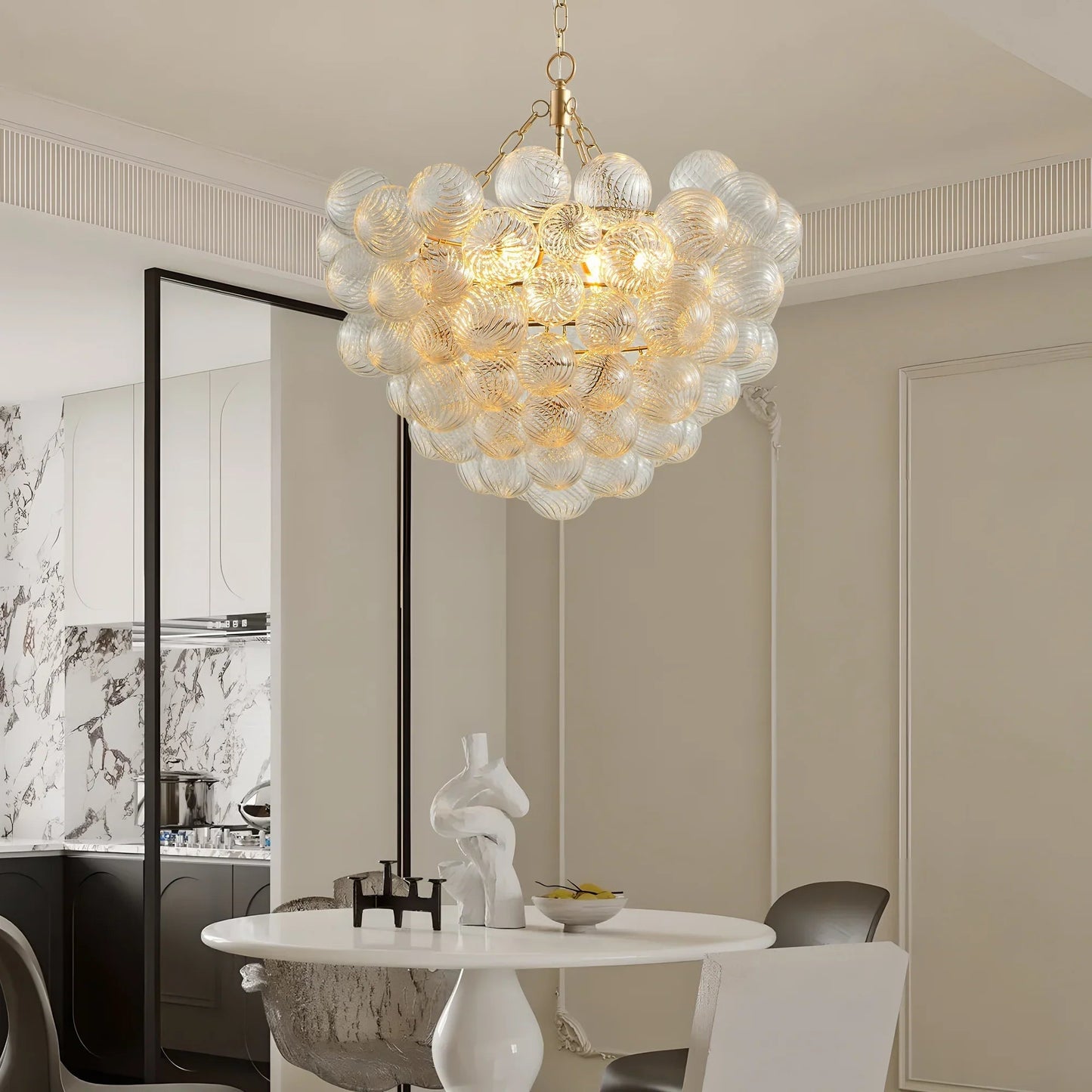 20" Gold Pendant Chandelier with Threaded Clear Glass Globe | 3-Light Adjustable Height Ceiling Light — Living Room, Dining Room & Kitchen