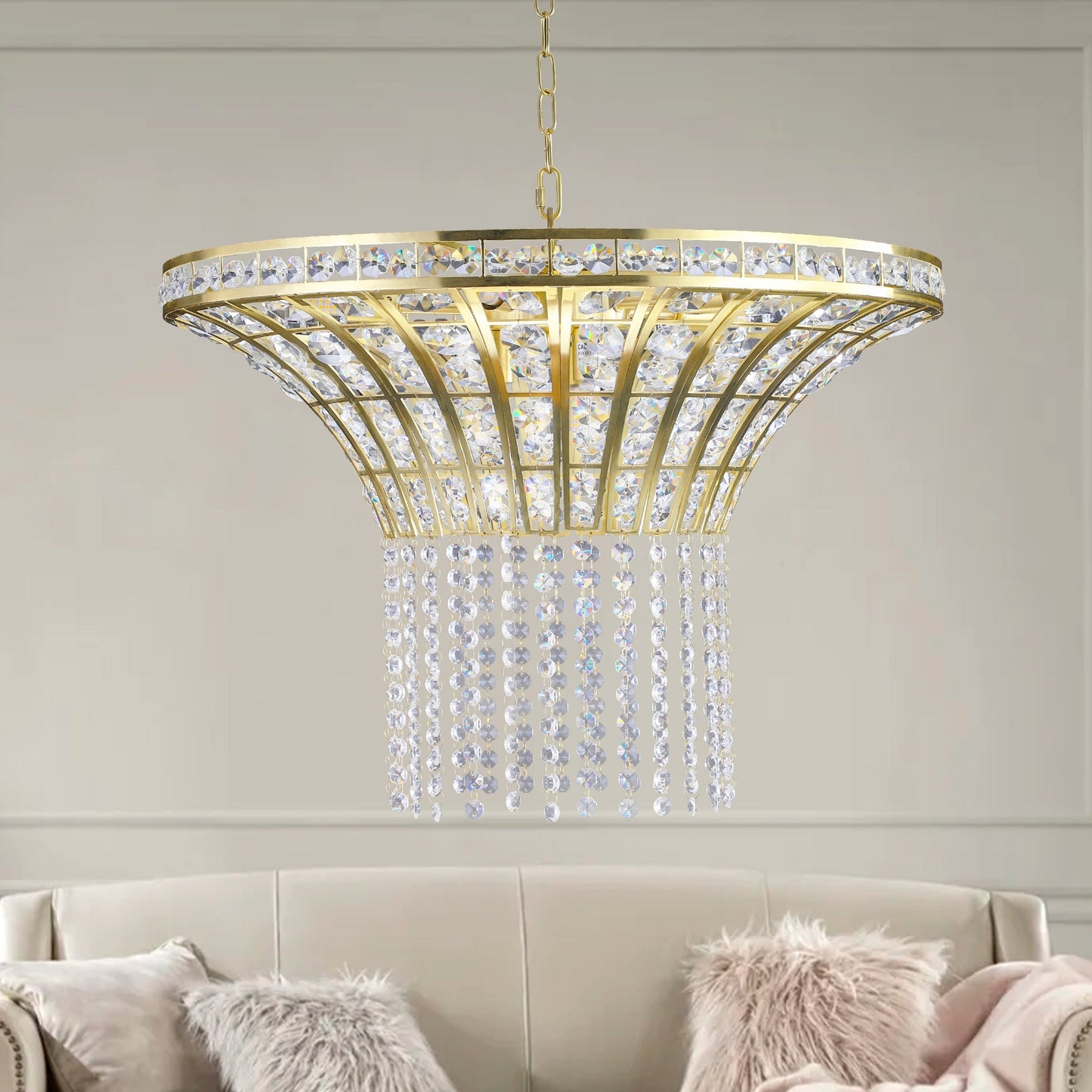 K9 Crystal Chandelier with Cascading Octagonal Beads | 8-Light Gold Modern Ceiling Light — Round 24" or Rectangular 39", Adjustable Height