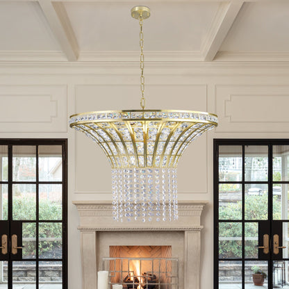 K9 Crystal Chandelier with Cascading Octagonal Beads | 8-Light Gold Modern Ceiling Light — Round 24" or Rectangular 39", Adjustable Height