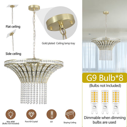 K9 Crystal Chandelier with Cascading Octagonal Beads | 8-Light Gold Modern Ceiling Light — Round 24" or Rectangular 39", Adjustable Height