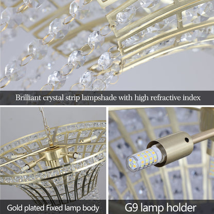 K9 Crystal Chandelier with Cascading Octagonal Beads | 8-Light Gold Modern Ceiling Light — Round 24" or Rectangular 39", Adjustable Height
