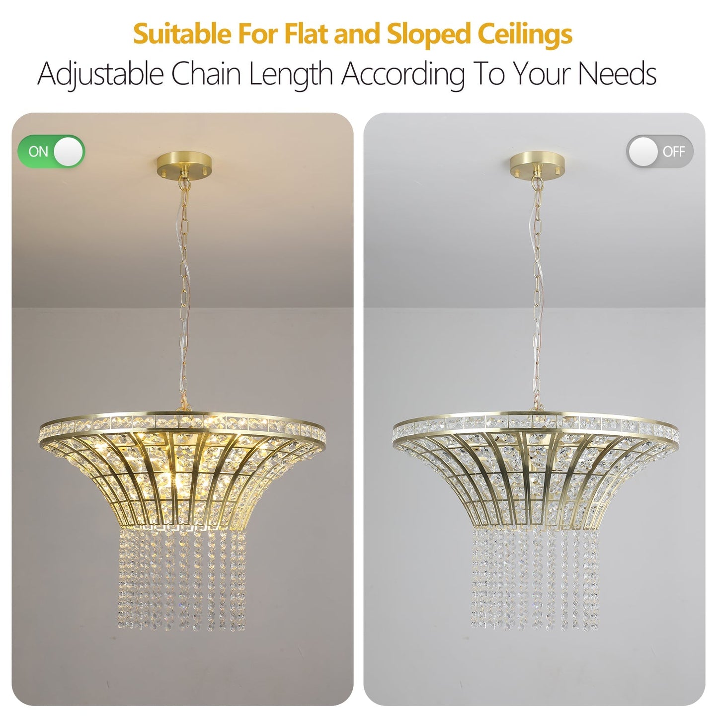 K9 Crystal Chandelier with Cascading Octagonal Beads | 8-Light Gold Modern Ceiling Light — Round 24" or Rectangular 39", Adjustable Height