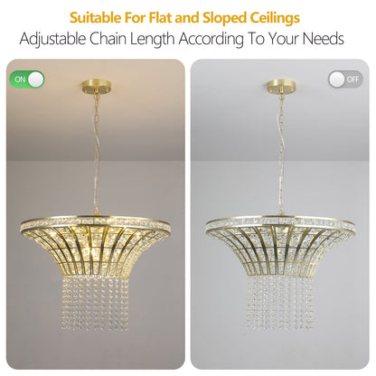 K9 Crystal Chandelier with Cascading Octagonal Beads | 8-Light Gold Modern Ceiling Light — Round 24" or Rectangular 39", Adjustable Height