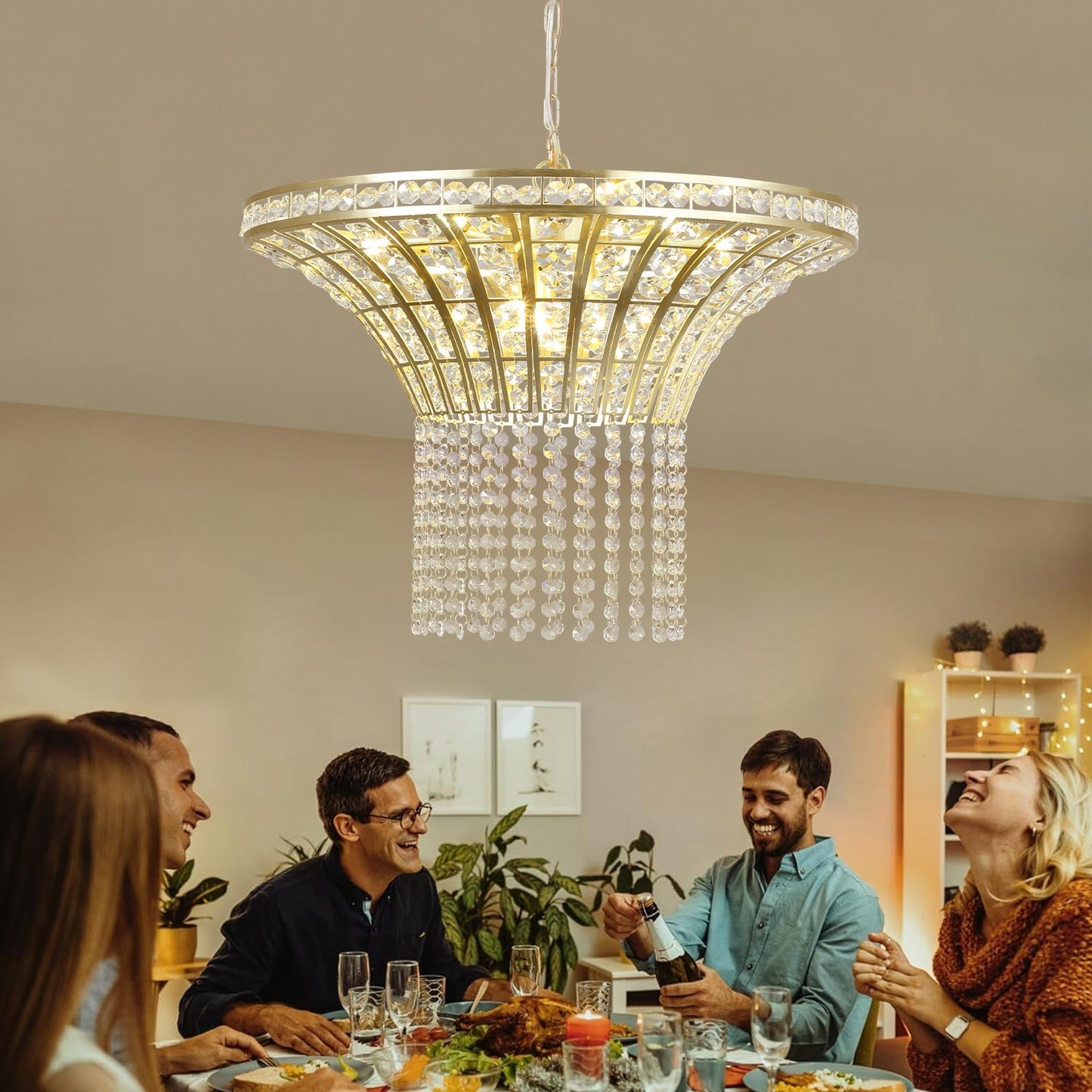 K9 Crystal Chandelier with Cascading Octagonal Beads | 8-Light Gold Modern Ceiling Light — Round 24" or Rectangular 39", Adjustable Height