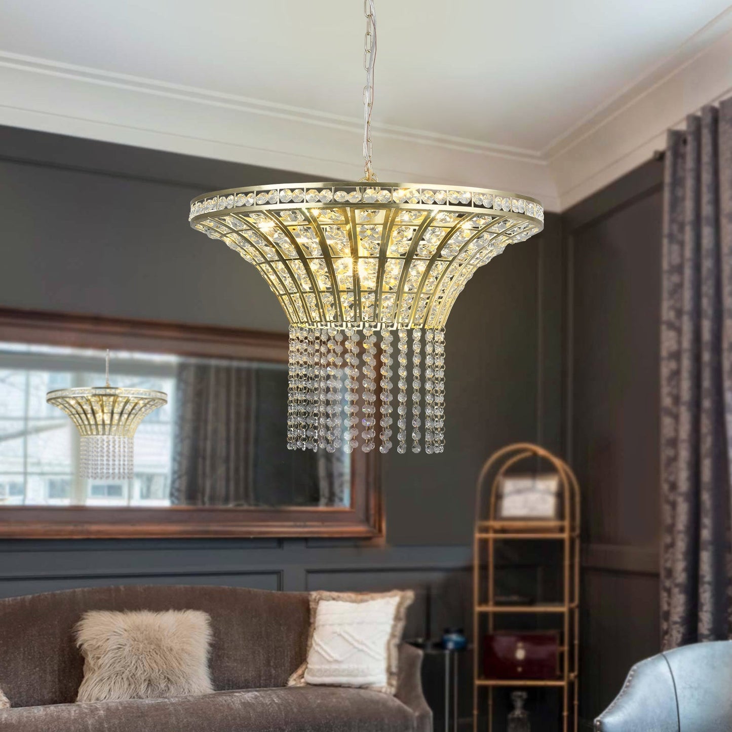 K9 Crystal Chandelier with Cascading Octagonal Beads | 8-Light Gold Modern Ceiling Light — Round 24" or Rectangular 39", Adjustable Height