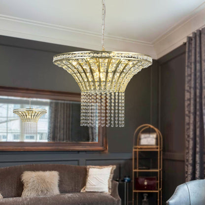 K9 Crystal Chandelier with Cascading Octagonal Beads | 8-Light Gold Modern Ceiling Light — Round 24" or Rectangular 39", Adjustable Height