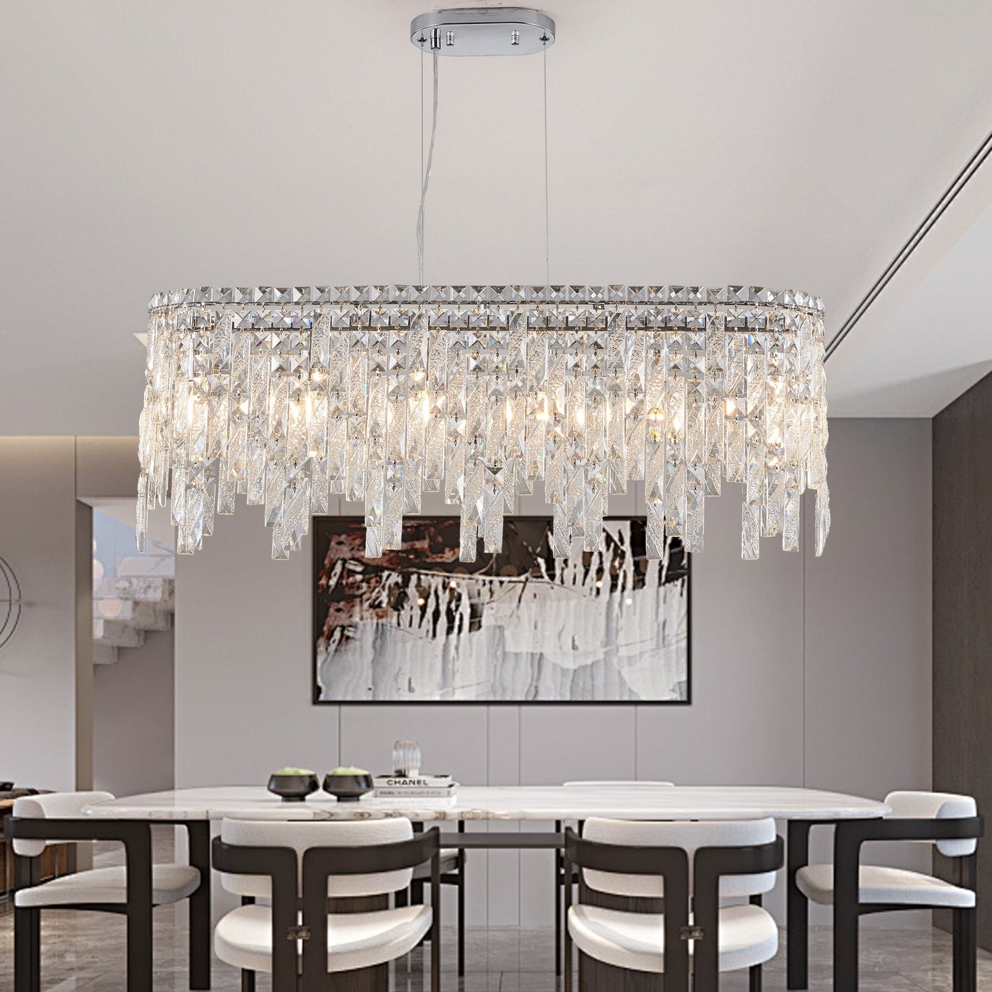 34.6" Oval K9 Crystal Chandelier | 6-Light Silver Modern Ceiling Light with Cascading Teardrop Crystals — Dining Room, Living Room & Bedroom