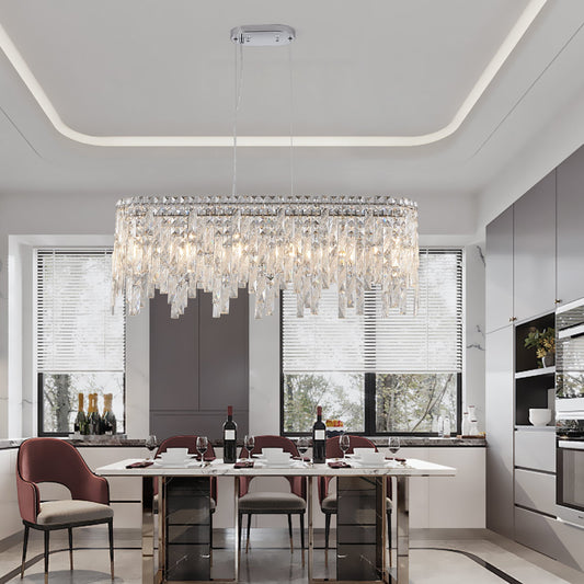 34.6" Oval K9 Crystal Chandelier | 6-Light Silver Modern Ceiling Light with Cascading Teardrop Crystals — Dining Room, Living Room & Bedroom