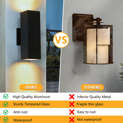 2-Pack Modern Black Outdoor Wall Sconce | Up & Down Weatherproof Light Fixture for Porch, Patio & Garage