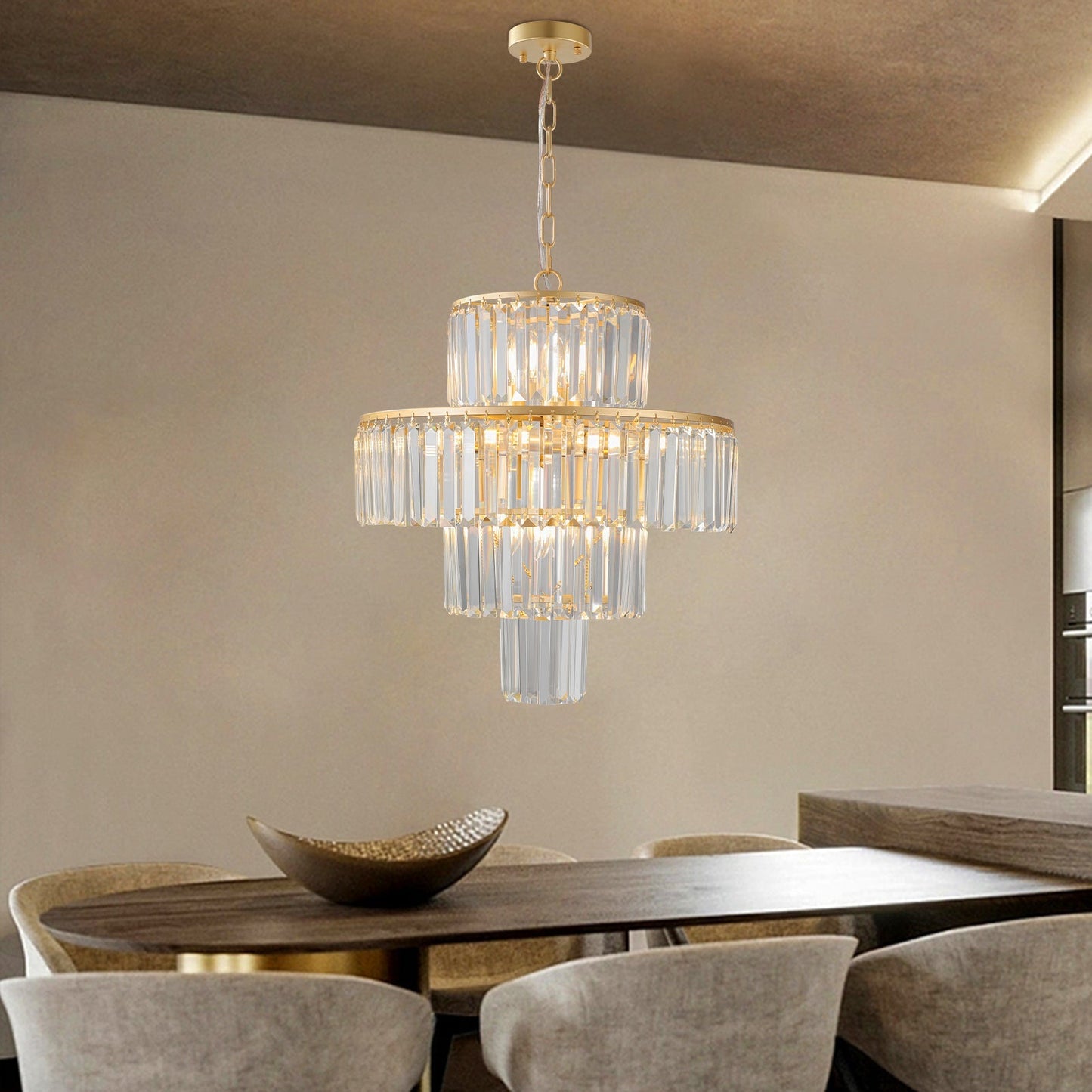 (Same as W1340126461/L5023) 20' Luxury 4-Tier Crystal Chandelier, 12-Light Gold Frame Pendant Light, Elegant Ceiling Lighting for Living Room, Dining Room, Bedroom (No Bulbs)