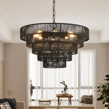 Rustic Hemp Rope Chandelier | 4/5-Tier Boho Pendant Light with E12 Sockets for Dining Room, Kitchen & Foyer