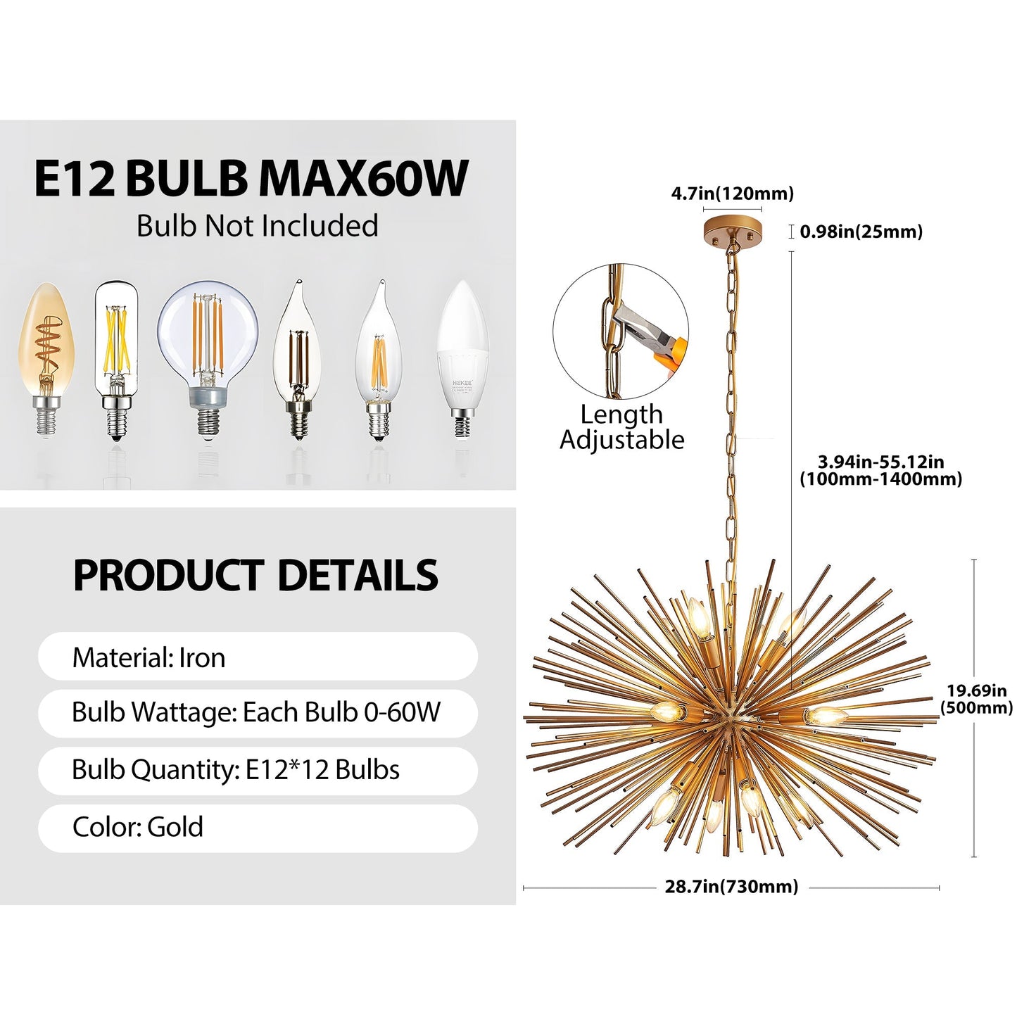 29" Mid-Century Modern 12-Light Starburst Chandelier